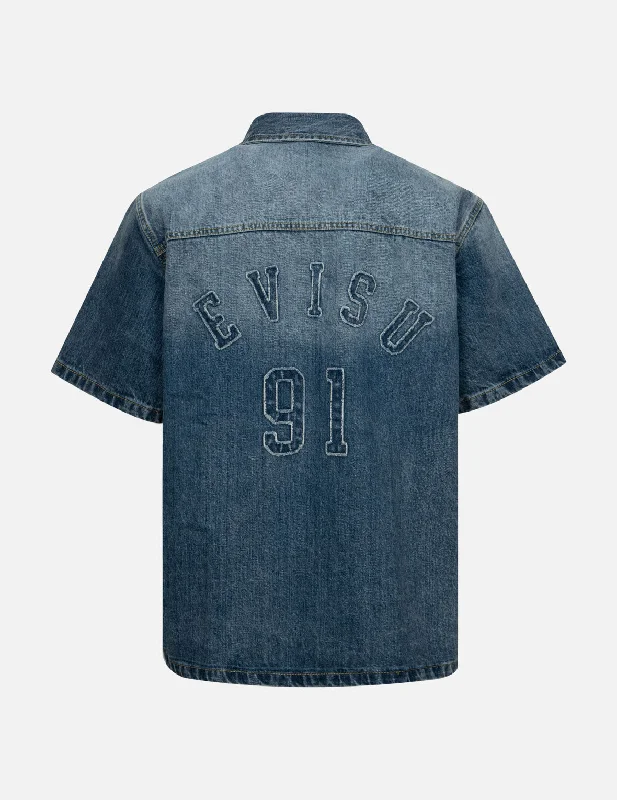 Men's Button - Down Oxford Casual Shirts in Crisp White for a Classic and Versatile StyleSeagull and Logo Appliqué Embroidery Boxy Denim Short-Sleeves Shirt Men's Button - Down Oxford Casual Shirts in Crisp White for a Classic and Versatile StyleSeagull and Logo Appliqué Embroidery Boxy Denim Short-Sleeves Shirt