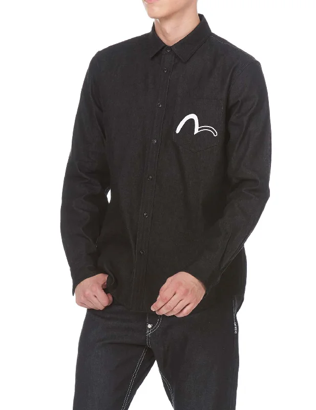 Men's Moisture - Wicking Performance Fabric Casual Shirts for Outdoor ActivitiesDenim Shirt with Duo-face Hannya Print Men's Moisture - Wicking Performance Fabric Casual Shirts for Outdoor ActivitiesDenim Shirt with Duo-face Hannya Print