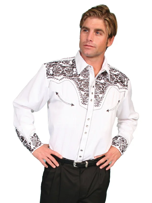Plus Size Men's Striped Chambray Casual Shirts with a Spread Collar for a Preppy AppearanceScully Mens Shirt Western Pewter Poly Blend Floral Tooled Stitch L/S Plus Size Men's Striped Chambray Casual Shirts with a Spread Collar for a Preppy AppearanceScully Mens Shirt Western Pewter Poly Blend Floral Tooled Stitch L/S