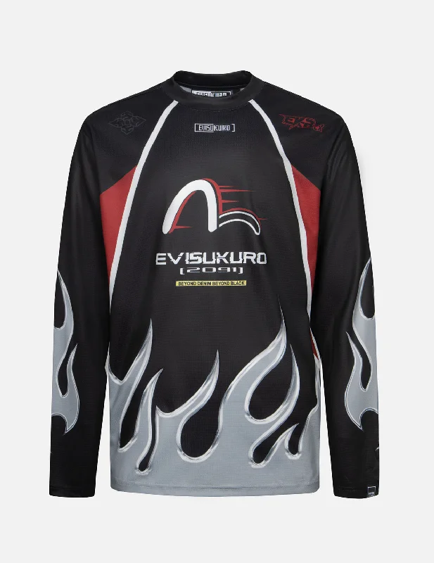 Men's Stretch - Fabric Casual Shirts in Navy Blue for a Comfortable and Flexible FitChrome Fire and Multi-Logo Regular Fit Long-Sleeve Racing T-Shirt Men's Stretch - Fabric Casual Shirts in Navy Blue for a Comfortable and Flexible FitChrome Fire and Multi-Logo Regular Fit Long-Sleeve Racing T-Shirt