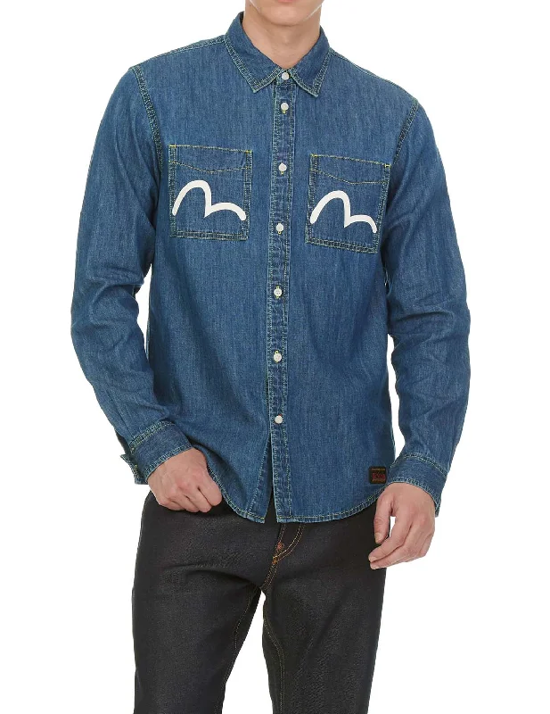 Men's Button - Down Oxford Casual Shirts in Crisp White for a Classic and Versatile StyleDenim Shirt with Daicock and Seagull Print