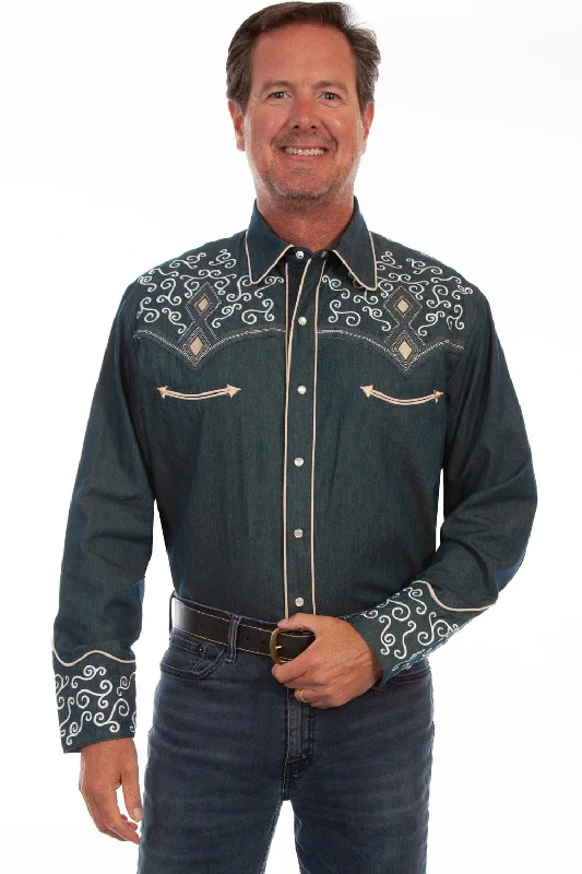 Men's Long - Line Oversized Casual Shirts in Dark Gray for a Relaxed and Modern LookScully Mens Denim 100% Cotton Curly Diamond L/S Shirt Men's Long - Line Oversized Casual Shirts in Dark Gray for a Relaxed and Modern LookScully Mens Denim 100% Cotton Curly Diamond L/S Shirt