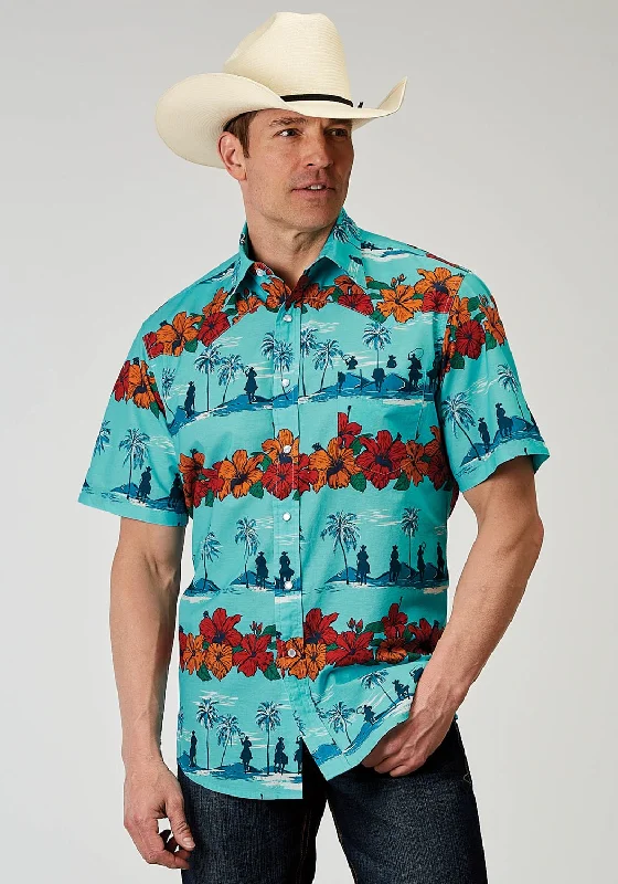 Men's Moisture - Wicking Performance Fabric Casual Shirts for Outdoor ActivitiesRoper Mens 1900 Hawaiian Blue 100% Cotton 1 Pkt S/S Shirt Men's Moisture - Wicking Performance Fabric Casual Shirts for Outdoor ActivitiesRoper Mens 1900 Hawaiian Blue 100% Cotton 1 Pkt S/S Shirt