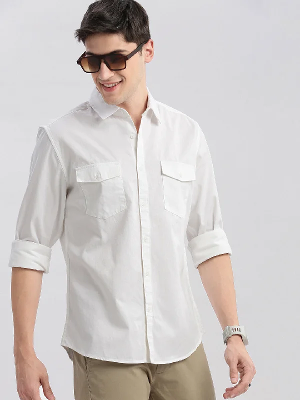 Men's Sustainable Recycled Material Casual Shirts for Eco - Conscious ConsumersMen Spread Collar Solid White Shirt Men's Sustainable Recycled Material Casual Shirts for Eco - Conscious ConsumersMen Spread Collar Solid White Shirt