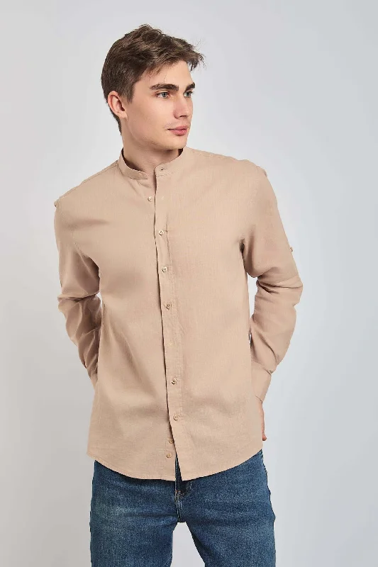 Men's Linen Blend Casual Shirts with Roll - Up Sleeves for a Summer Beach LookMen Casual Regular Fit Shirt Beige Men's Linen Blend Casual Shirts with Roll - Up Sleeves for a Summer Beach LookMen Casual Regular Fit Shirt Beige