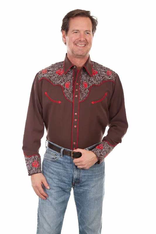 Men's Wrinkle - Resistant Polyester Blend Casual Shirts for Easy Travel and MaintenanceScully Mens Mesmerising Red Roses Chocolate Poly/Rayon L/S Shirt Men's Wrinkle - Resistant Polyester Blend Casual Shirts for Easy Travel and MaintenanceScully Mens Mesmerising Red Roses Chocolate Poly/Rayon L/S Shirt
