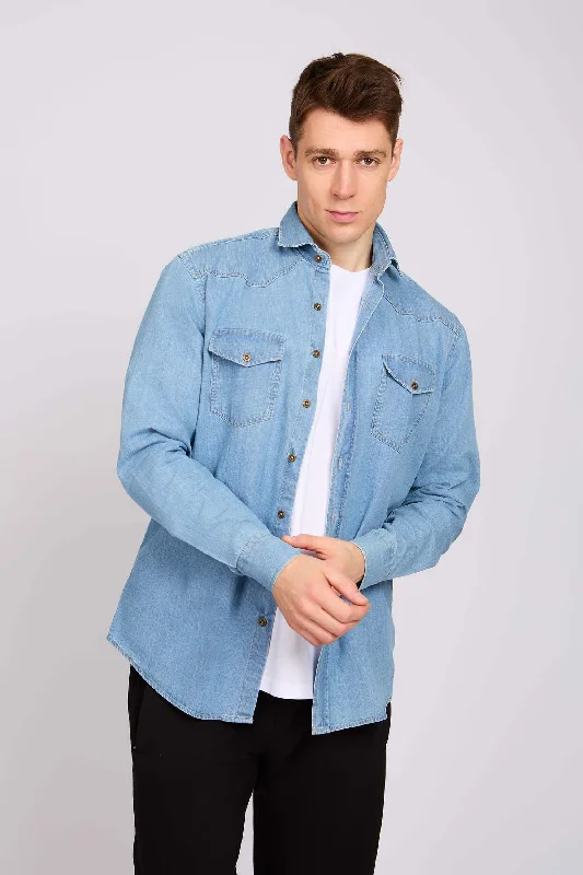Men's Shearling - Lined Collar Casual Shirts in Brown for a Rustic and Warm AppealMen Denim Shirt Blue Men's Shearling - Lined Collar Casual Shirts in Brown for a Rustic and Warm AppealMen Denim Shirt Blue