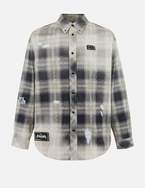 Men's Thermal - Lined Casual Shirts in Black for Added Warmth in Cold WeatherAllover Logo Print Distressed Oversized Check Shirt Men's Thermal - Lined Casual Shirts in Black for Added Warmth in Cold WeatherAllover Logo Print Distressed Oversized Check Shirt
