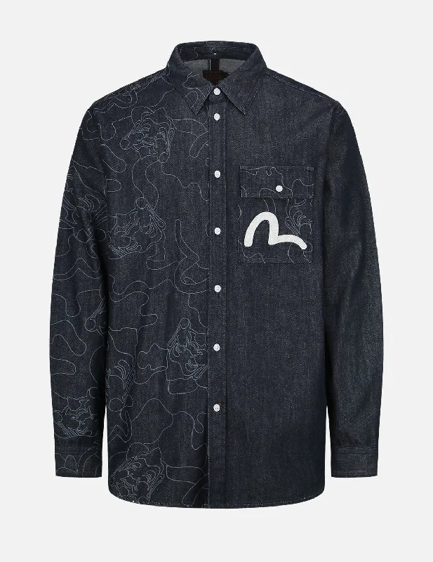 Men's Embroidered Detail Casual Shirts in Beige for a Touch of EleganceLinear Camouflage Discharged Print Blocking Denim Shirt Men's Embroidered Detail Casual Shirts in Beige for a Touch of EleganceLinear Camouflage Discharged Print Blocking Denim Shirt