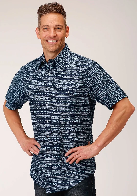 Men's Short - Sleeve Linen Casual Shirts in Light Khaki for a Breathable Summer OptionRoper Mens 1584 Zig Zag Tribal Blue 100% Cotton S/S Shirt Men's Short - Sleeve Linen Casual Shirts in Light Khaki for a Breathable Summer OptionRoper Mens 1584 Zig Zag Tribal Blue 100% Cotton S/S Shirt