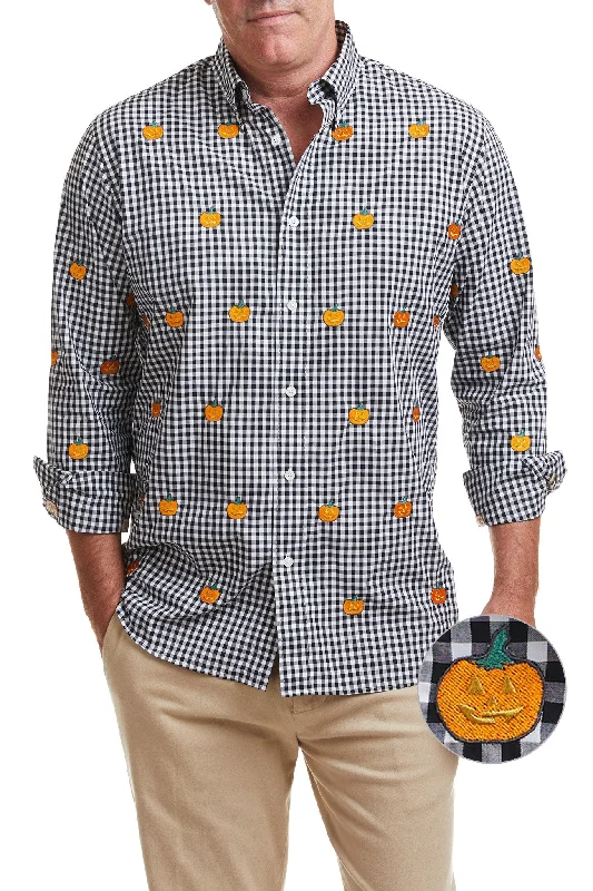 Plus Size Men's Striped Chambray Casual Shirts with a Spread Collar for a Preppy AppearanceStraight Wharf Shirt Wide Gingham Black with Jack O'Lantern Plus Size Men's Striped Chambray Casual Shirts with a Spread Collar for a Preppy AppearanceStraight Wharf Shirt Wide Gingham Black with Jack O'Lantern