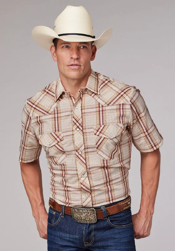Men's Linen Blend Casual Shirts with Roll - Up Sleeves for a Summer Beach LookRoper Mens 2063 Plaid Tan/Cream Cotton Blend S/S Shirt Men's Linen Blend Casual Shirts with Roll - Up Sleeves for a Summer Beach LookRoper Mens 2063 Plaid Tan/Cream Cotton Blend S/S Shirt