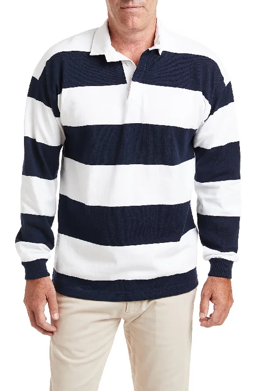 Men's Distressed Denim Casual Shirts with Frayed Edges for a Trendy and Rugged LookCastaway Rugby Shirt Navy & White Stripe Men's Distressed Denim Casual Shirts with Frayed Edges for a Trendy and Rugged LookCastaway Rugby Shirt Navy & White Stripe