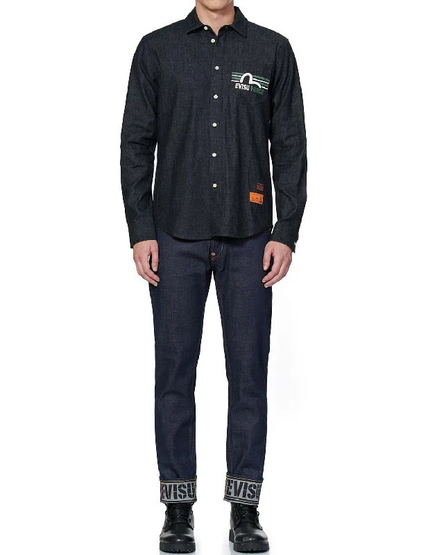 Men's Embroidered Detail Casual Shirts in Beige for a Touch of EleganceGeometric Godhead Printed Denim Shirt Men's Embroidered Detail Casual Shirts in Beige for a Touch of EleganceGeometric Godhead Printed Denim Shirt