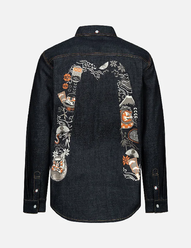 Men's Organic Cotton Casual Shirts with a Soft Handfeel for Everyday ComfortKumadori Daruma Daicock Print Regular Fit Denim Shirt Men's Organic Cotton Casual Shirts with a Soft Handfeel for Everyday ComfortKumadori Daruma Daicock Print Regular Fit Denim Shirt
