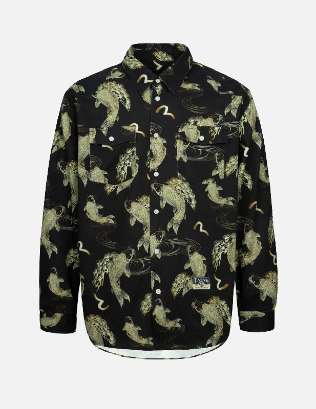 Men's Shearling - Lined Collar Casual Shirts in Brown for a Rustic and Warm AppealAllover Carp and Seagull Print Oversized Shirt Men's Shearling - Lined Collar Casual Shirts in Brown for a Rustic and Warm AppealAllover Carp and Seagull Print Oversized Shirt