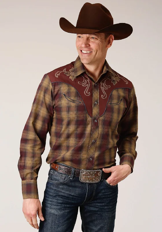 Men's Distressed Denim Casual Shirts with Frayed Edges for a Trendy and Rugged LookRoper Mens Caramel/Grey Cotton Blend Plaid L/S Shirt