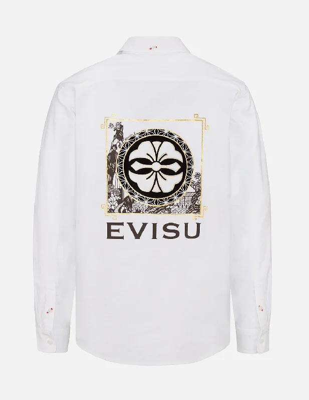 Men's Embroidered Detail Casual Shirts in Beige for a Touch of EleganceKamon and Paper-cutting Graphic Print Shirt Men's Embroidered Detail Casual Shirts in Beige for a Touch of EleganceKamon and Paper-cutting Graphic Print Shirt