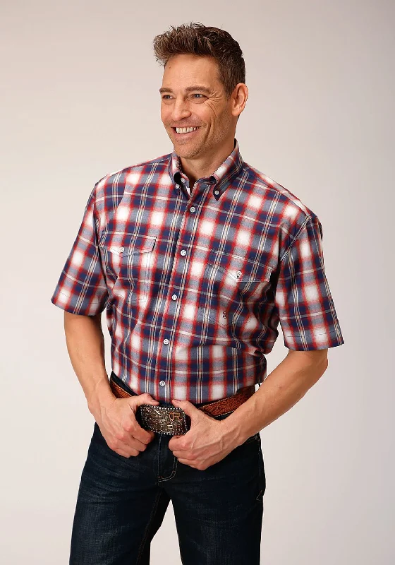 Men's Retro - Style Hawaiian Print Casual Shirts in Bold Patterns for a Tropical VacationRoper Mens 1553 Independence Plaid Blue 100% Cotton Btn S/S Shirt Men's Retro - Style Hawaiian Print Casual Shirts in Bold Patterns for a Tropical VacationRoper Mens 1553 Independence Plaid Blue 100% Cotton Btn S/S Shirt