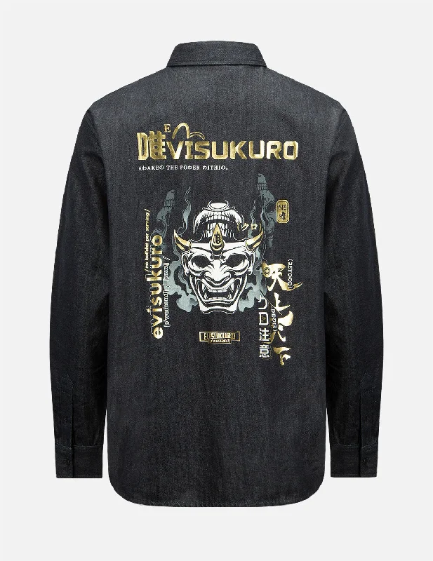 Men's Graphic - Printed Casual Shirts with Pop - Culture References for a Fun and Stylish LookSmoky Hannya Skull Print Denim Shirt Men's Graphic - Printed Casual Shirts with Pop - Culture References for a Fun and Stylish LookSmoky Hannya Skull Print Denim Shirt