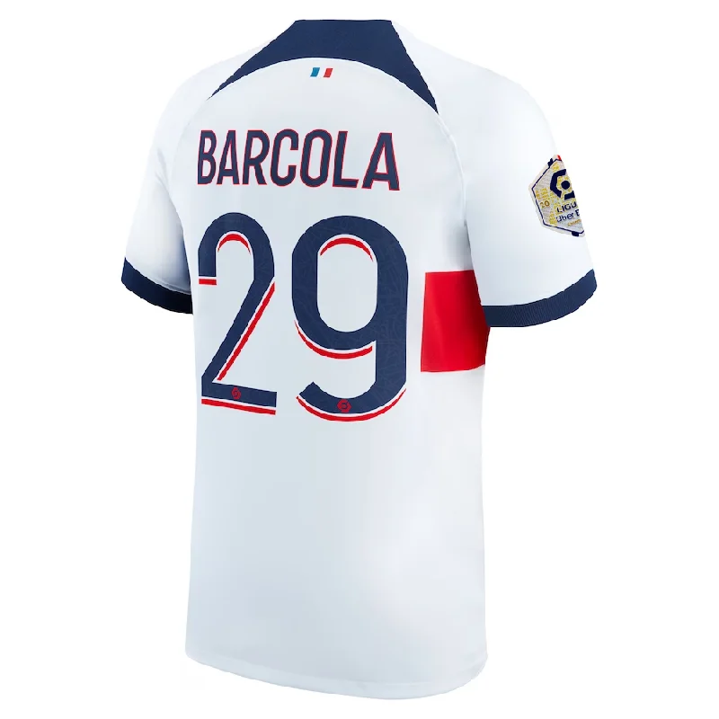 Men's Limited - Release American Football Jerseys of Rookie Stars for Early Adopters and FansNike Paris Saint-Germain Bradley Barcola Away Jersey w/ Ligue 1 Patch 23/24 (White/Midnight Navy) Men's Limited - Release American Football Jerseys of Rookie Stars for Early Adopters and FansNike Paris Saint-Germain Bradley Barcola Away Jersey w/ Ligue 1 Patch 23/24 (White/Midnight Navy)