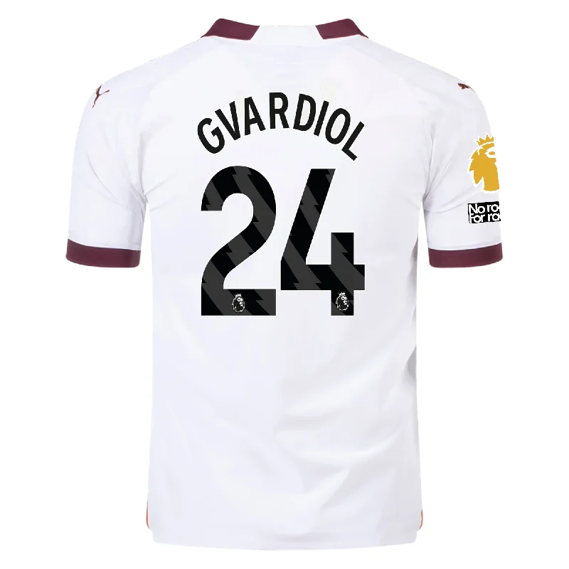 Men's Football Jerseys with Embroidered Club Badges for a Premium and Authentic AppealPuma Manchester City Authentic Gvardiol Away Jersey w/ EPL + No Room For Racism+ Club World Cup Patches 23/24 (Puma White/Aubergine) Men's Football Jerseys with Embroidered Club Badges for a Premium and Authentic AppealPuma Manchester City Authentic Gvardiol Away Jersey w/ EPL + No Room For Racism+ Club World Cup Patches 23/24 (Puma White/Aubergine)