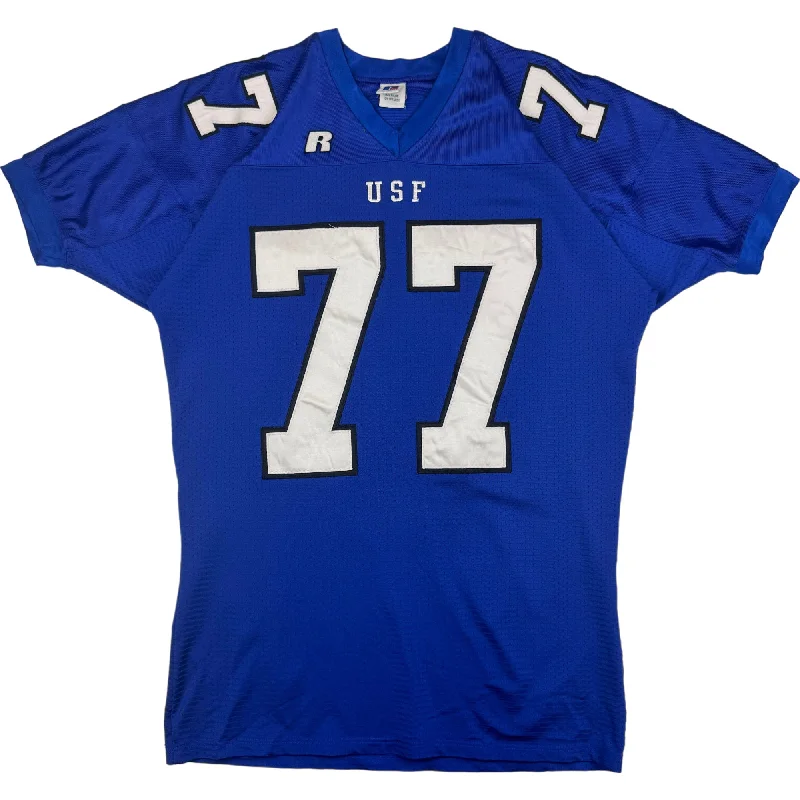 Men's Moisture - Wicking Golf Jerseys with UV Protection for Comfortable Rounds on the CourseRussell Athletic USF 77 Football Jersey Blue Men's Moisture - Wicking Golf Jerseys with UV Protection for Comfortable Rounds on the CourseRussell Athletic USF 77 Football Jersey Blue