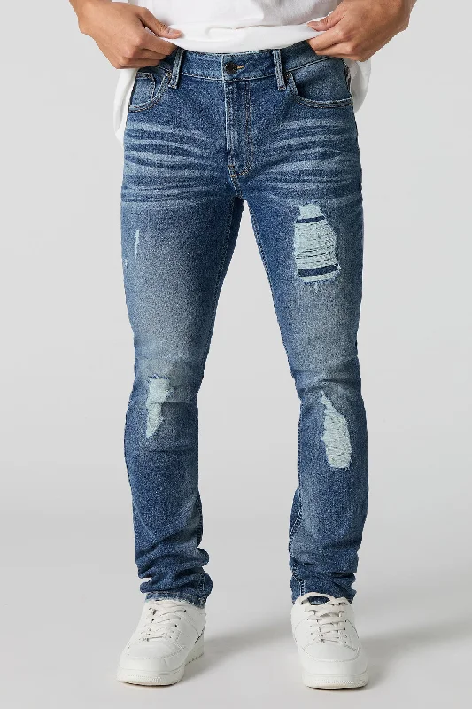 Men's Stretch Jeans with a Moisture - Wicking Lining for Active LifestylesMedium Vintage Wash Distressed Slim Jean Men's Stretch Jeans with a Moisture - Wicking Lining for Active LifestylesMedium Vintage Wash Distressed Slim Jean