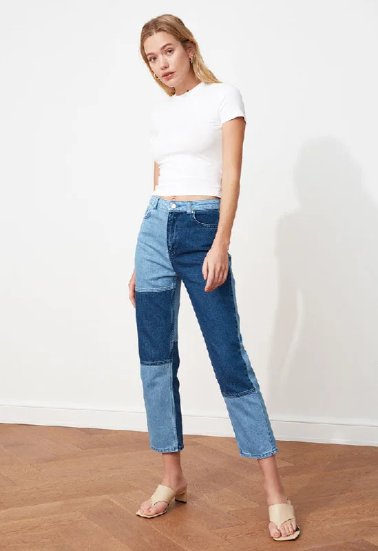 Men's Distressed Jeans with Patches for a Retro and DIY - Inspired AppearanceColor- Blocked High Waist Straight Jeans Men's Distressed Jeans with Patches for a Retro and DIY - Inspired AppearanceColor- Blocked High Waist Straight Jeans