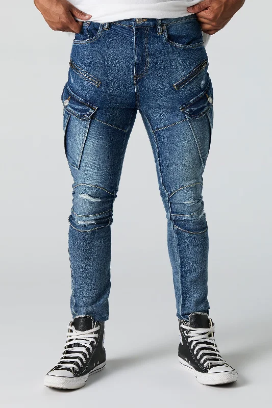 Men's High - Waisted Jeans in a Medium Wash for a Vintage - Style RevivalDistressed Cargo Skinny Jean Men's High - Waisted Jeans in a Medium Wash for a Vintage - Style RevivalDistressed Cargo Skinny Jean