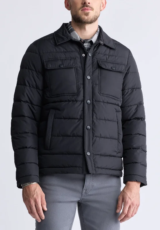 Men's Distressed Jeans with Patches for a Retro and DIY - Inspired AppearanceAiden Men's Quilted Button-Front Jacket, Black - OBMFJ001 Men's Distressed Jeans with Patches for a Retro and DIY - Inspired AppearanceAiden Men's Quilted Button-Front Jacket, Black - OBMFJ001