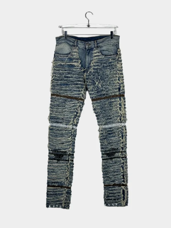 Men's Distressed Jeans with Patches for a Retro and DIY - Inspired AppearanceAll-over Frayed Jeans Men's Distressed Jeans with Patches for a Retro and DIY - Inspired AppearanceAll-over Frayed Jeans