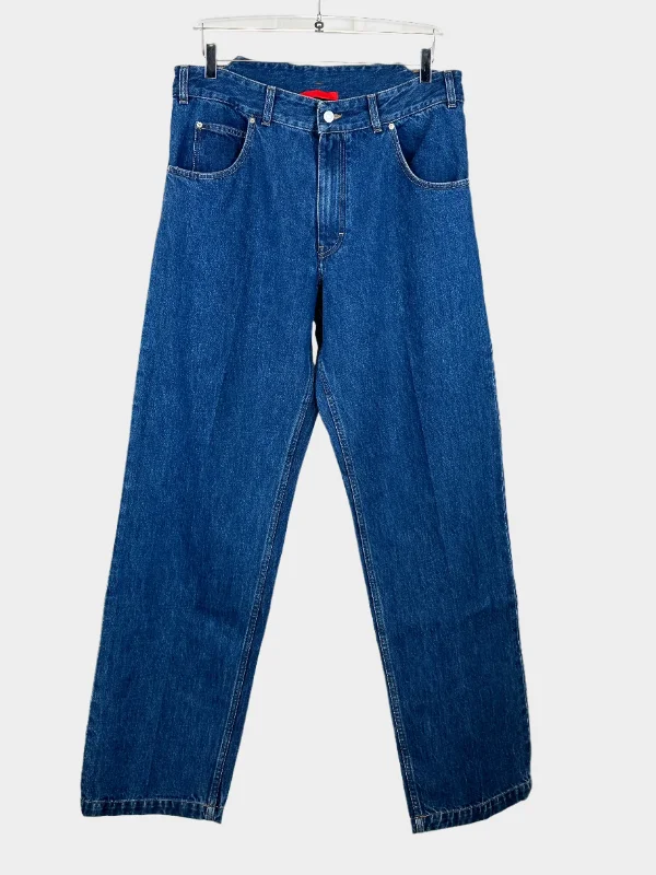 Men's Distressed Jeans with Patches for a Retro and DIY - Inspired AppearanceBlue Jeans