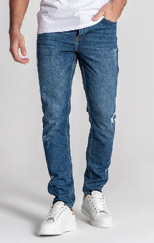 Plus Size Men's Relaxed Fit Jeans with a Faded Wash for a Vintage - Inspired LookDark Blue Ripped Straight-Leg Jeans Plus Size Men's Relaxed Fit Jeans with a Faded Wash for a Vintage - Inspired LookDark Blue Ripped Straight-Leg Jeans