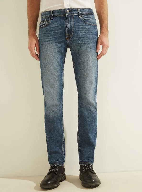 Men's Distressed Jeans with Patches for a Retro and DIY - Inspired AppearanceLow-Rise Slim Straight Denim Jeans in Stratus Blue Wash Men's Distressed Jeans with Patches for a Retro and DIY - Inspired AppearanceLow-Rise Slim Straight Denim Jeans in Stratus Blue Wash