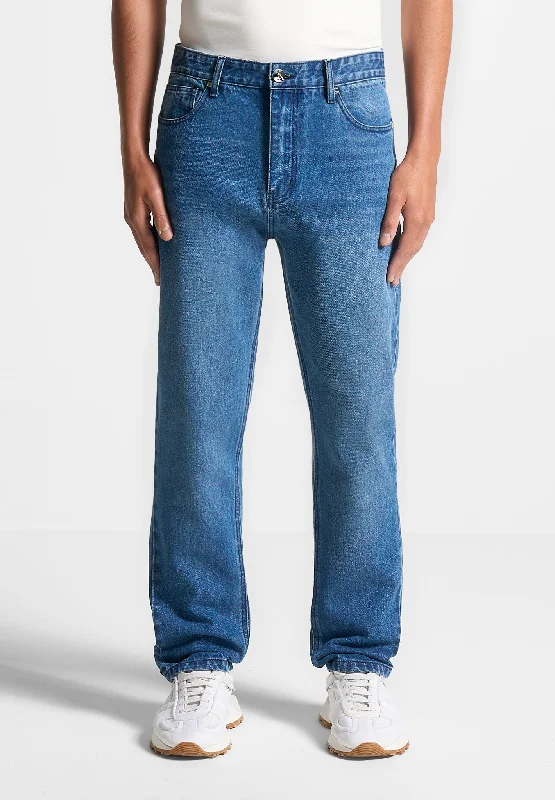 Men's Distressed Jeans with Patches for a Retro and DIY - Inspired AppearanceRegular Fit Jeans - Indigo Men's Distressed Jeans with Patches for a Retro and DIY - Inspired AppearanceRegular Fit Jeans - Indigo