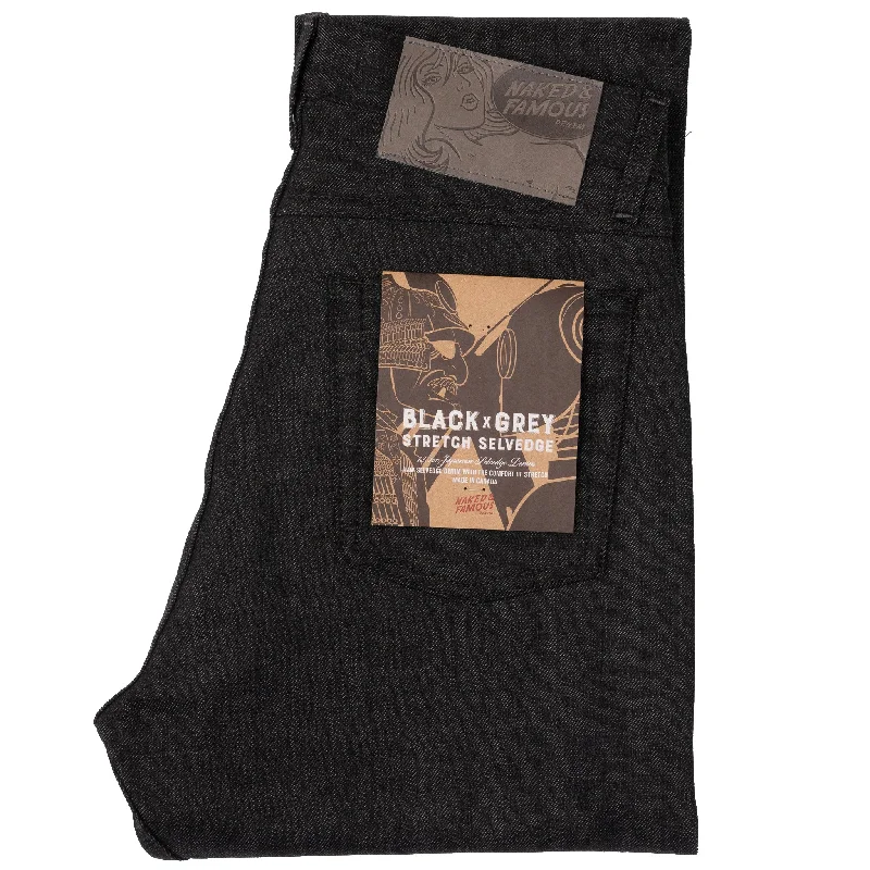 Plus Size Men's Bootcut Jeans with a Relaxed Waist for a Classic and Comfortable FitTrue Guy - Black x Grey Stretch Selvedge Plus Size Men's Bootcut Jeans with a Relaxed Waist for a Classic and Comfortable FitTrue Guy - Black x Grey Stretch Selvedge