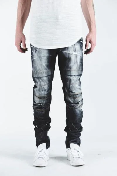 Men's Distressed Jeans with Patches for a Retro and DIY - Inspired AppearanceAli Denim (Black Bleach) Men's Distressed Jeans with Patches for a Retro and DIY - Inspired AppearanceAli Denim (Black Bleach)