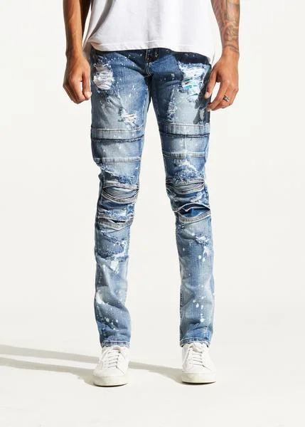 Men's Distressed Jeans with Patches for a Retro and DIY - Inspired AppearanceAli Denim (Stone Pale Blue) Men's Distressed Jeans with Patches for a Retro and DIY - Inspired AppearanceAli Denim (Stone Pale Blue)