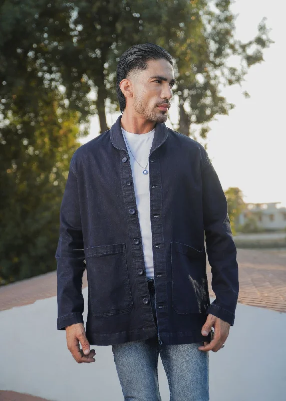 Men's Jeans with a Hidden Coin Pocket for Added ConvenienceDark Blue Lapel Shacket Men's Jeans with a Hidden Coin Pocket for Added ConvenienceDark Blue Lapel Shacket