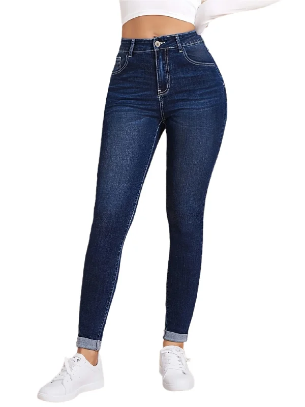 Men's Jeans with an Elastic Waistband for Ultimate ComfortPlain Dark Blue Stretchy Skinny Fit Jeans, High Rise Men's Jeans with an Elastic Waistband for Ultimate ComfortPlain Dark Blue Stretchy Skinny Fit Jeans, High Rise