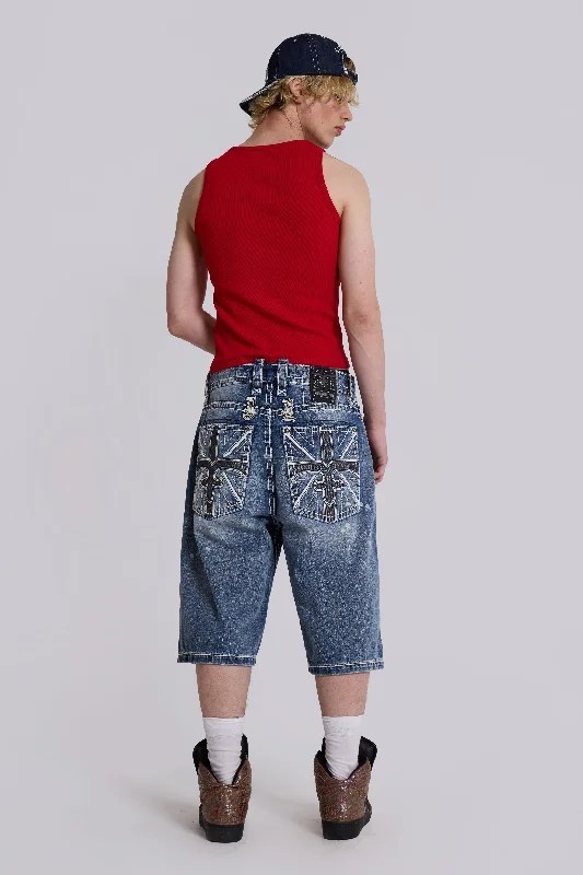 Men's High - Waisted Jeans in a Medium Wash for a Vintage - Style RevivalRock Revival Axel Colossus Jorts Men's High - Waisted Jeans in a Medium Wash for a Vintage - Style RevivalRock Revival Axel Colossus Jorts