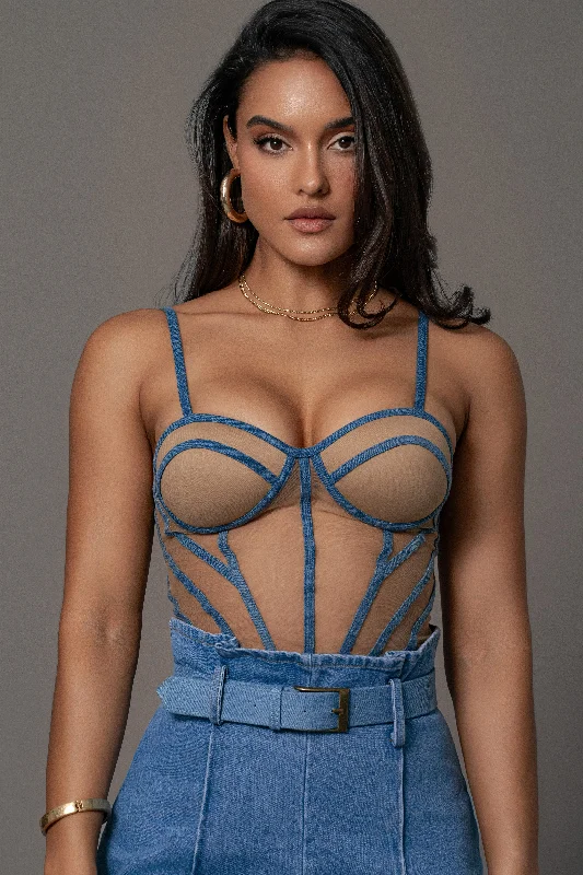 Men's Straight Leg Raw Denim Jeans for a Minimalist and Durable OptionTan Denim Illusion Mesh Bustier