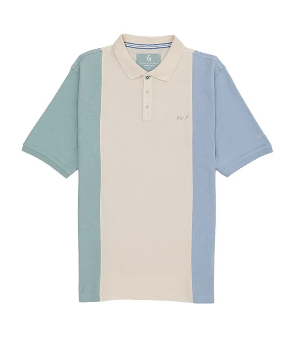Men's ribbed cuffs and hem polo shirts for a textured lookColours & Sons Vertical Stripe Polo Blue/Cream Men's ribbed cuffs and hem polo shirts for a textured lookColours & Sons Vertical Stripe Polo Blue/Cream