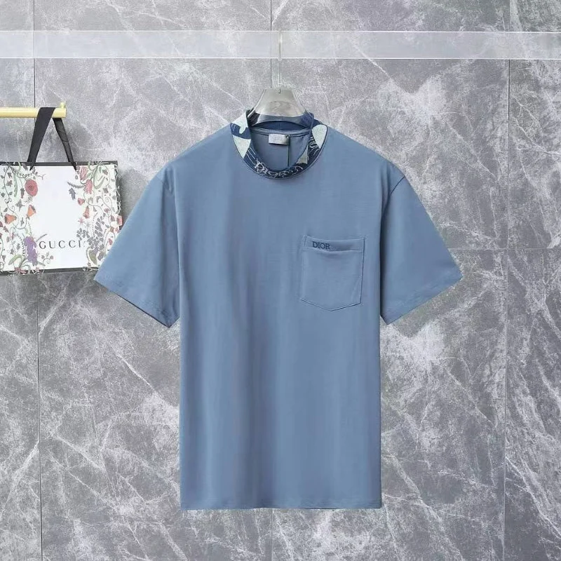 Men's two - tone stripe polo shirts with a preppy styleDI - Men 'Sky Blue' Crew Neck With Dior Signature Oversized T-Shirt GI794