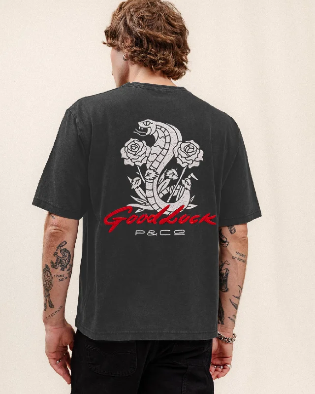 Men's tie - dye t - shirts with a bohemian styleGood Luck Snake Boxy T-Shirt - Light Acid Wash Men's tie - dye t - shirts with a bohemian styleGood Luck Snake Boxy T-Shirt - Light Acid Wash