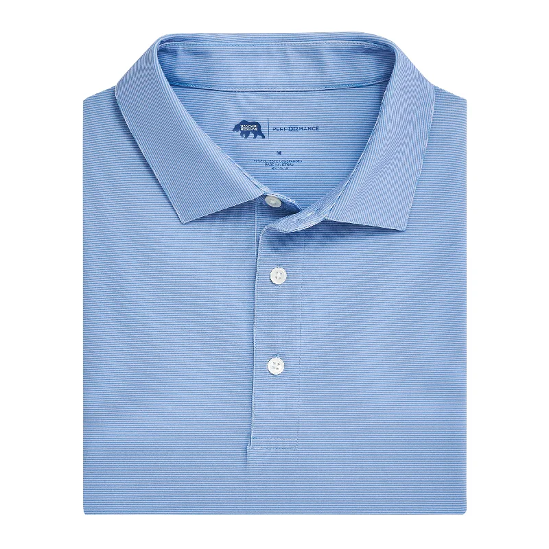 Men's long sleeve classic fit polo shirts with embroidered logosHairline Stripe Performance Polo - Cosmic Sky Men's long sleeve classic fit polo shirts with embroidered logosHairline Stripe Performance Polo - Cosmic Sky