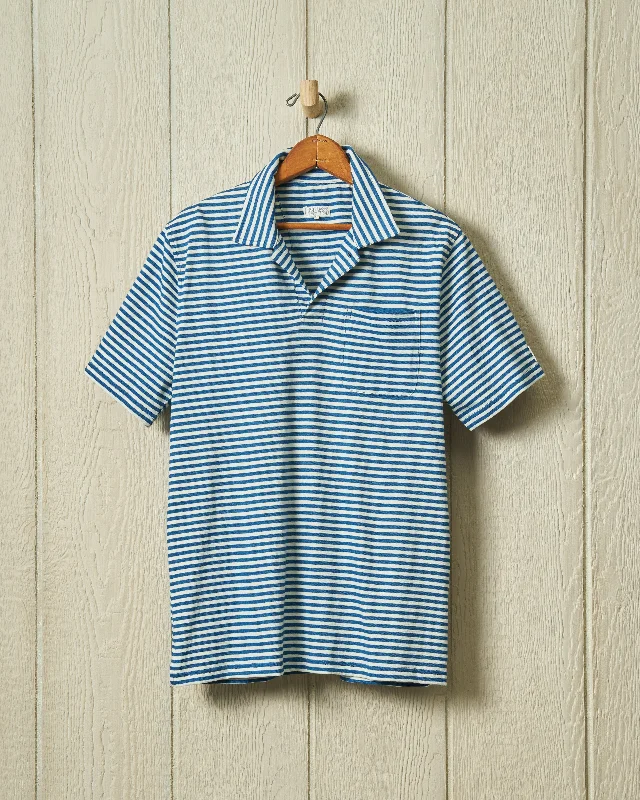 Men's long sleeve classic fit polo shirts with embroidered logosIndigo Polo in Blue/White Stripe Men's long sleeve classic fit polo shirts with embroidered logosIndigo Polo in Blue/White Stripe