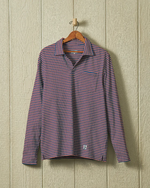 Men's two - tone stripe polo shirts with a preppy styleLong Sleeve Indigo Polo in Faded Red/Navy Even Stripe Men's two - tone stripe polo shirts with a preppy styleLong Sleeve Indigo Polo in Faded Red/Navy Even Stripe