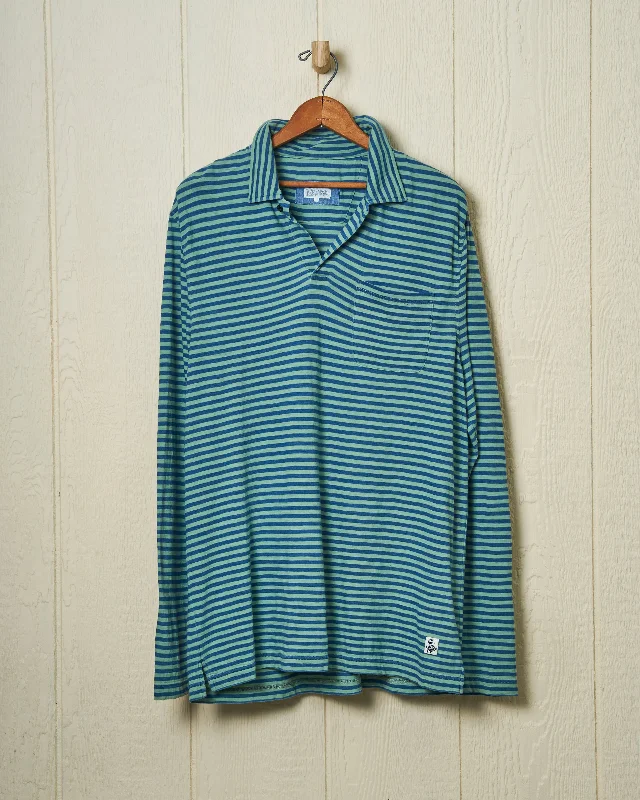 Men's ribbed cuffs and hem polo shirts for a textured lookLong Sleeve Indigo Polo in Faded Spruce/Navy Even Stripe Men's ribbed cuffs and hem polo shirts for a textured lookLong Sleeve Indigo Polo in Faded Spruce/Navy Even Stripe
